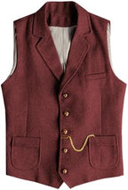 Men's Slim Fit wool-blend Tweed Waistcoat with Notched Lapels and Patch