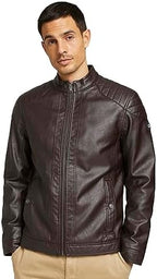 Men's Quilted-Shoulder Faux-Leather Moto Jacket
