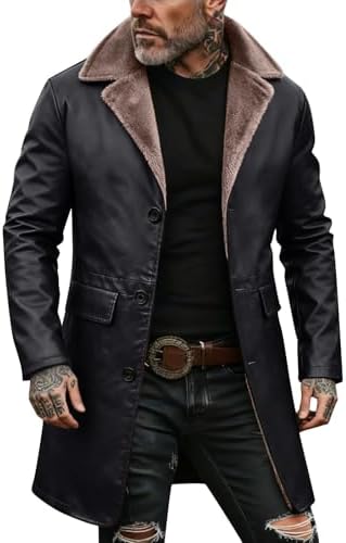 Men's Long Faux-Leather Winter Coat – Vintage Button-Front Layer