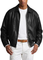 Men's Relaxed Faux-Leather Zip Jacket – Lightweight Collared Short Layer