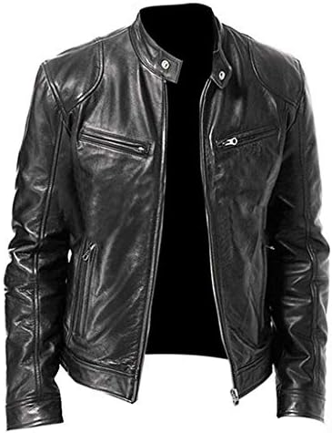 Men's Vintage Faux-Leather Biker Jacket – Slim-Fit Stand-Collar Zip-Up