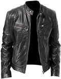 Men's Vintage Faux-Leather Biker Jacket – Slim-Fit Stand-Collar Zip-Up