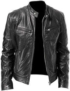 Men's Vintage Faux-Leather Biker Jacket – Slim-Fit Stand-Collar Zip-Up