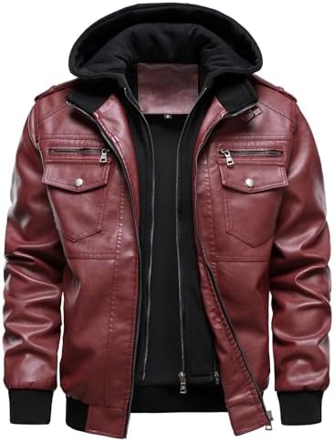 Men's Hooded Faux-Leather Bomber Jacket – Multi-Pocket Zip-Up Motorcycle