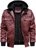Men's Hooded Faux-Leather Bomber Jacket – Multi-Pocket Zip-Up Motorcycle