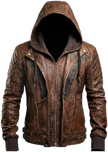 Men's Distressed leather-look Hooded Biker Jacket with Quilted Shoulders