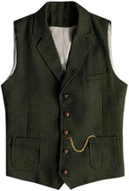 Men's Slim Fit wool-blend Tweed Waistcoat with Notched Lapels and Patch