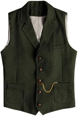 Men's Slim Fit wool-blend Tweed Waistcoat with Notched Lapels and Patch