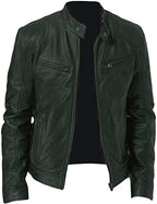 Men's Vintage Faux-Leather Biker Jacket – Slim-Fit Stand-Collar Zip-Up