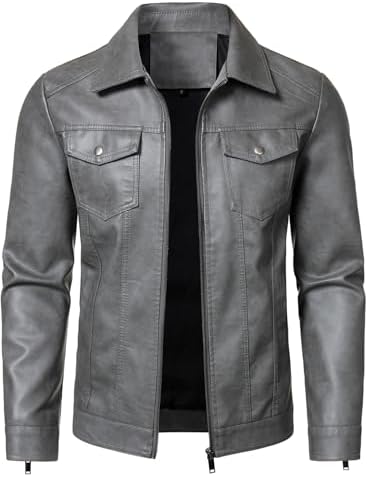 Men's Faux-Leather Trucker Jacket – Lightweight Collared Zip-Up Layer