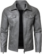 Men's Faux-Leather Trucker Jacket – Lightweight Collared Zip-Up Layer