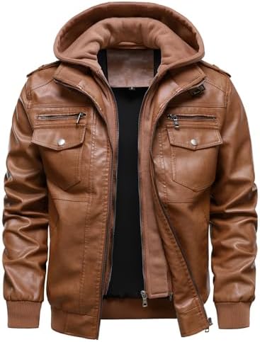 Men's Hooded Faux-Leather Bomber Jacket – Multi-Pocket Zip-Up Motorcycle