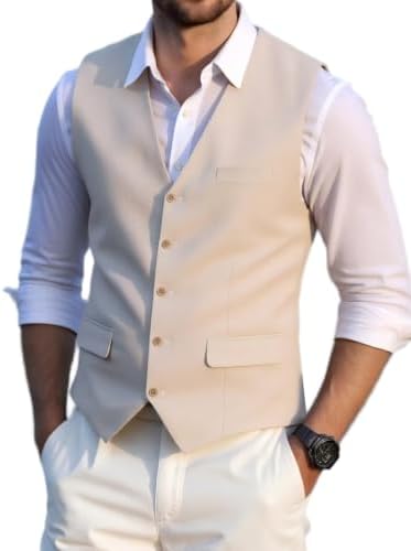Men's linen-look Suit Waistcoat with V-Neck and Flap Pockets