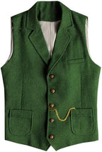 Men's Slim Fit wool-blend Tweed Waistcoat with Notched Lapels and Patch