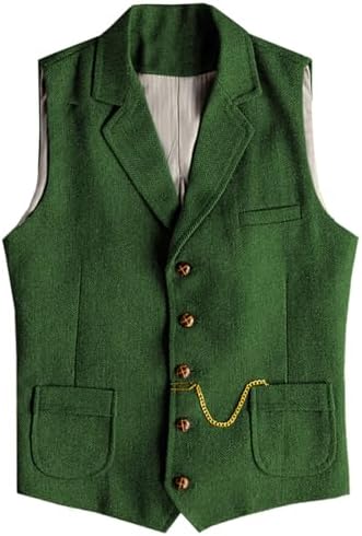 Men's Slim Fit wool-blend Tweed Waistcoat with Notched Lapels and Patch