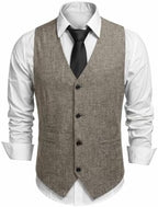 Men's Textured V-Neck Suit Waistcoat with Button Front and Welt Pockets