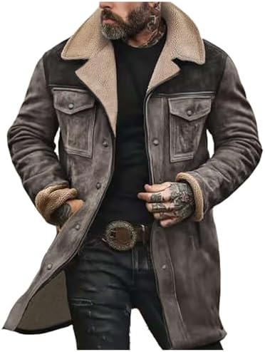 Men's Vintage suede-look Winter Coat – Long Sherpa-Lined Jacket
