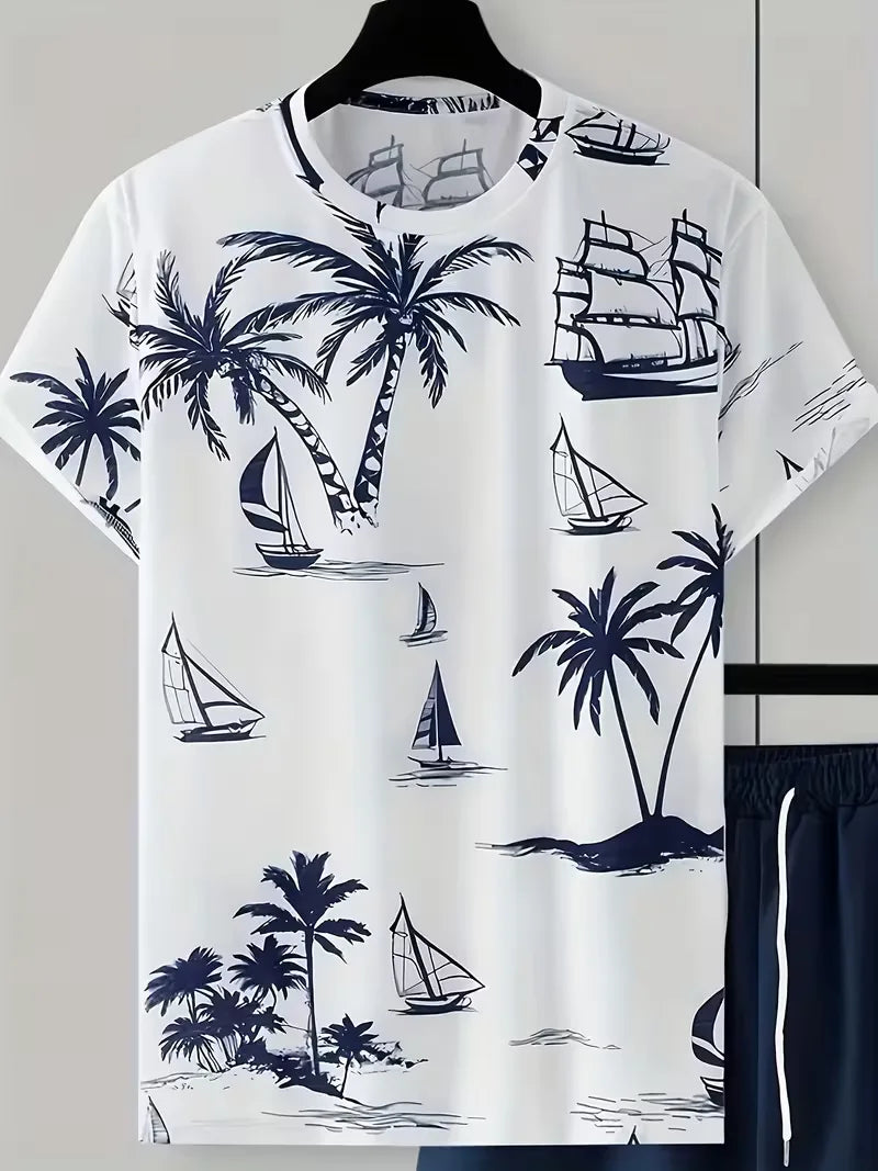 Men's Tropical Print T-Shirt and Shorts Set