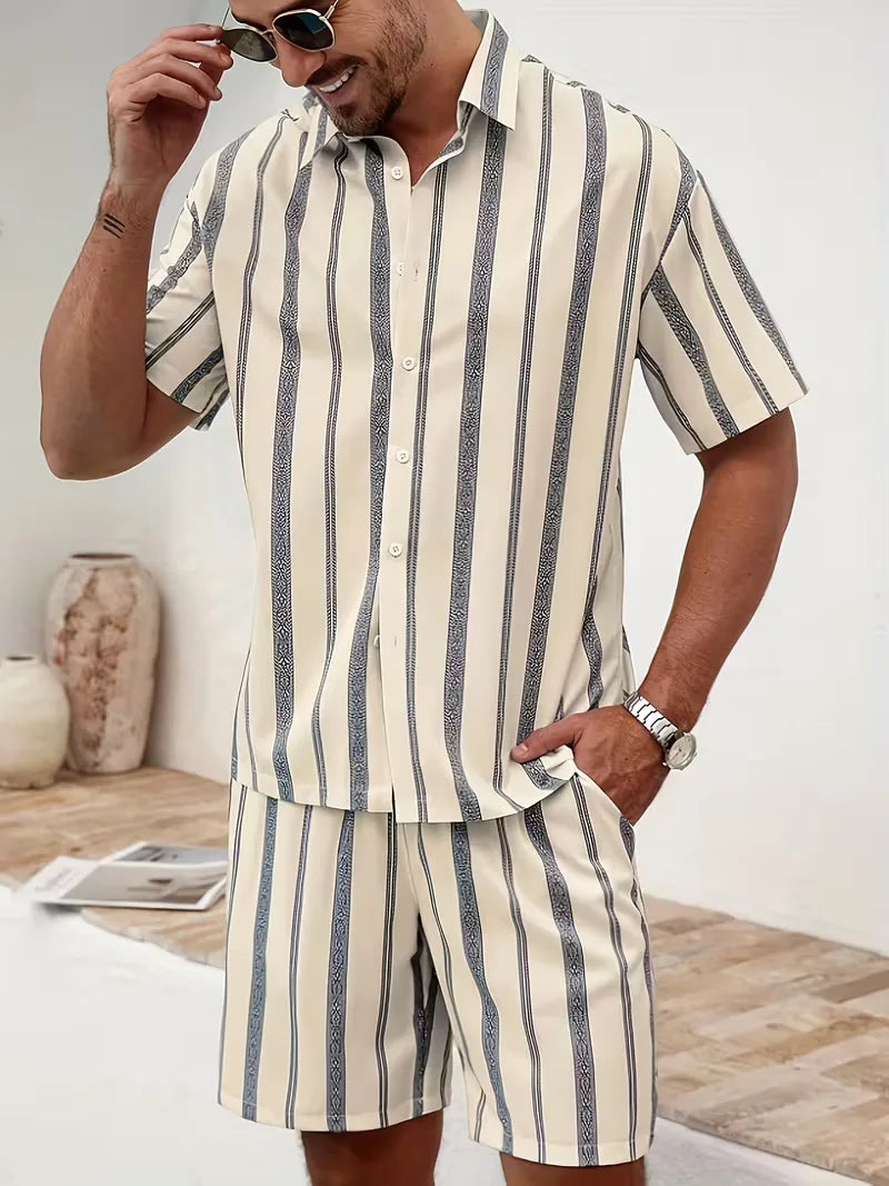 Men's Striped Short Sleeve Shirt and Shorts Set
