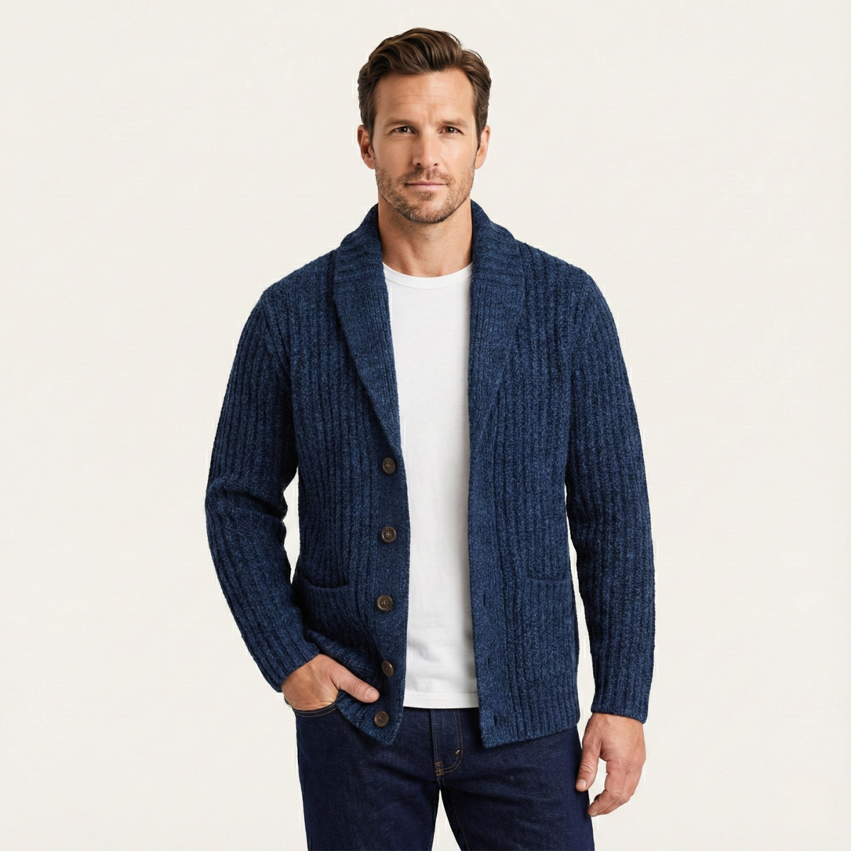 Men's Chunky Cable-Knit Shawl-Collar Cardigan