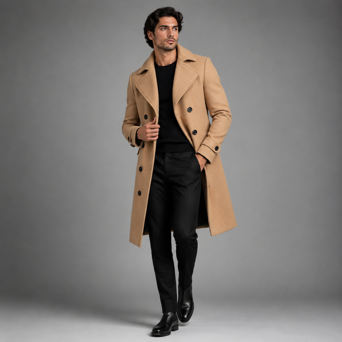 Men's Long Double-Breasted Wool-Blend Trench Coat