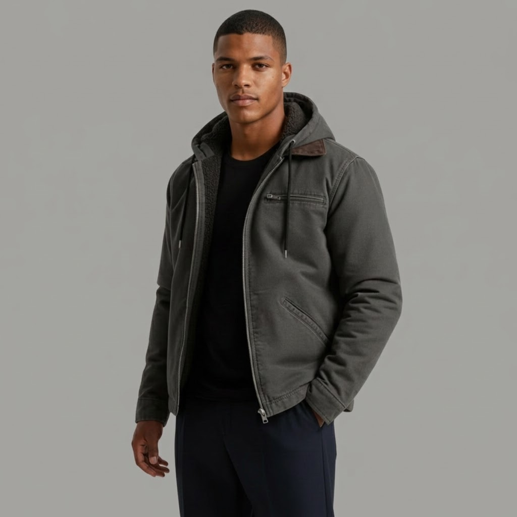 Men's Fleece-Lined Hooded Jacket – Drawstring Hood, Ribbed Cuffs
