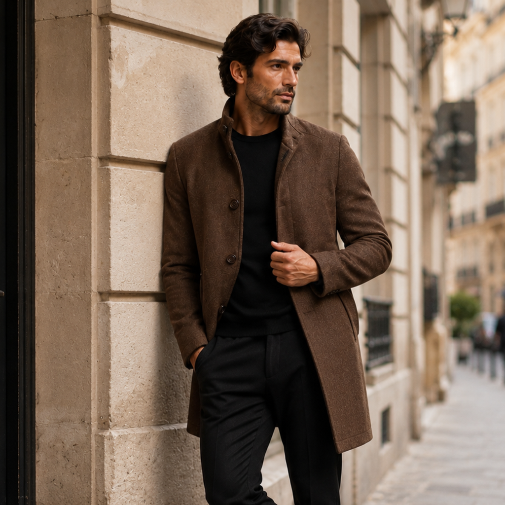 Men's Classic Wool-Blend Overcoat – Structured Collar, Button Front