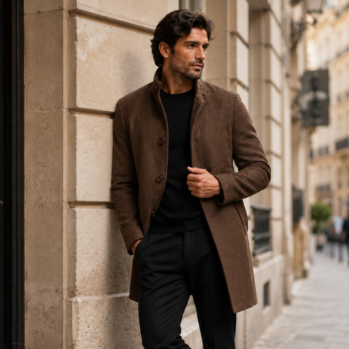 Men's Classic Wool-Blend Overcoat – Structured Collar, Button Front
