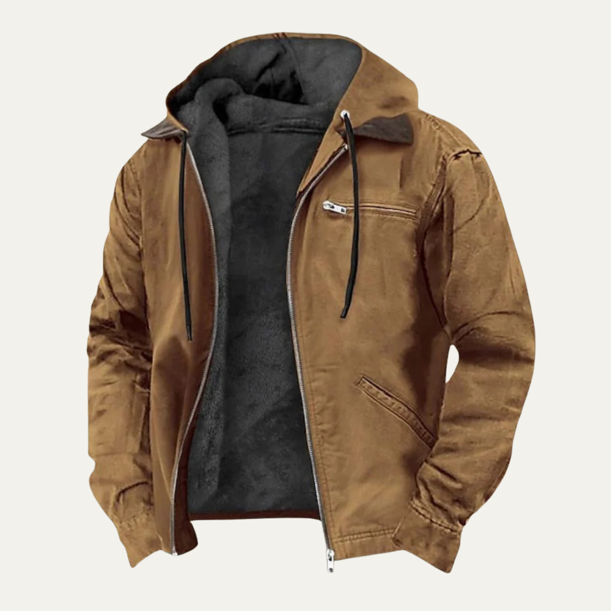 Men's Fleece-Lined Hooded Jacket – Drawstring Hood, Ribbed Cuffs