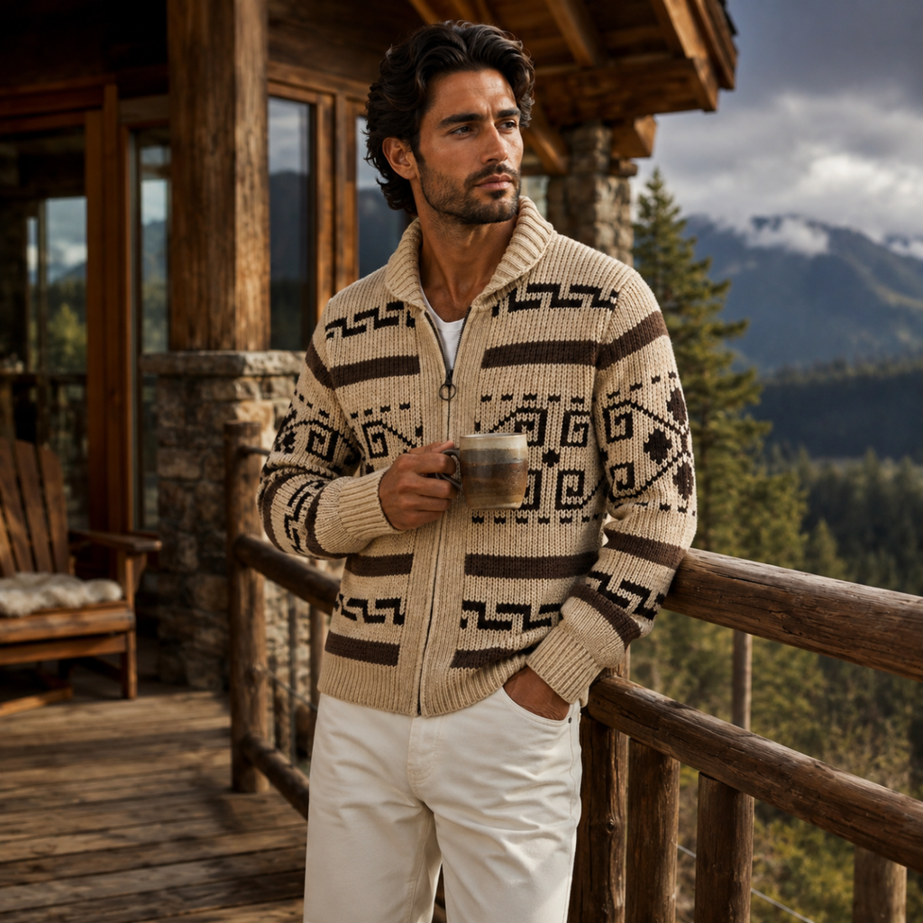Men's Jacquard Shawl-Collar Cardigan – Patterned Knit