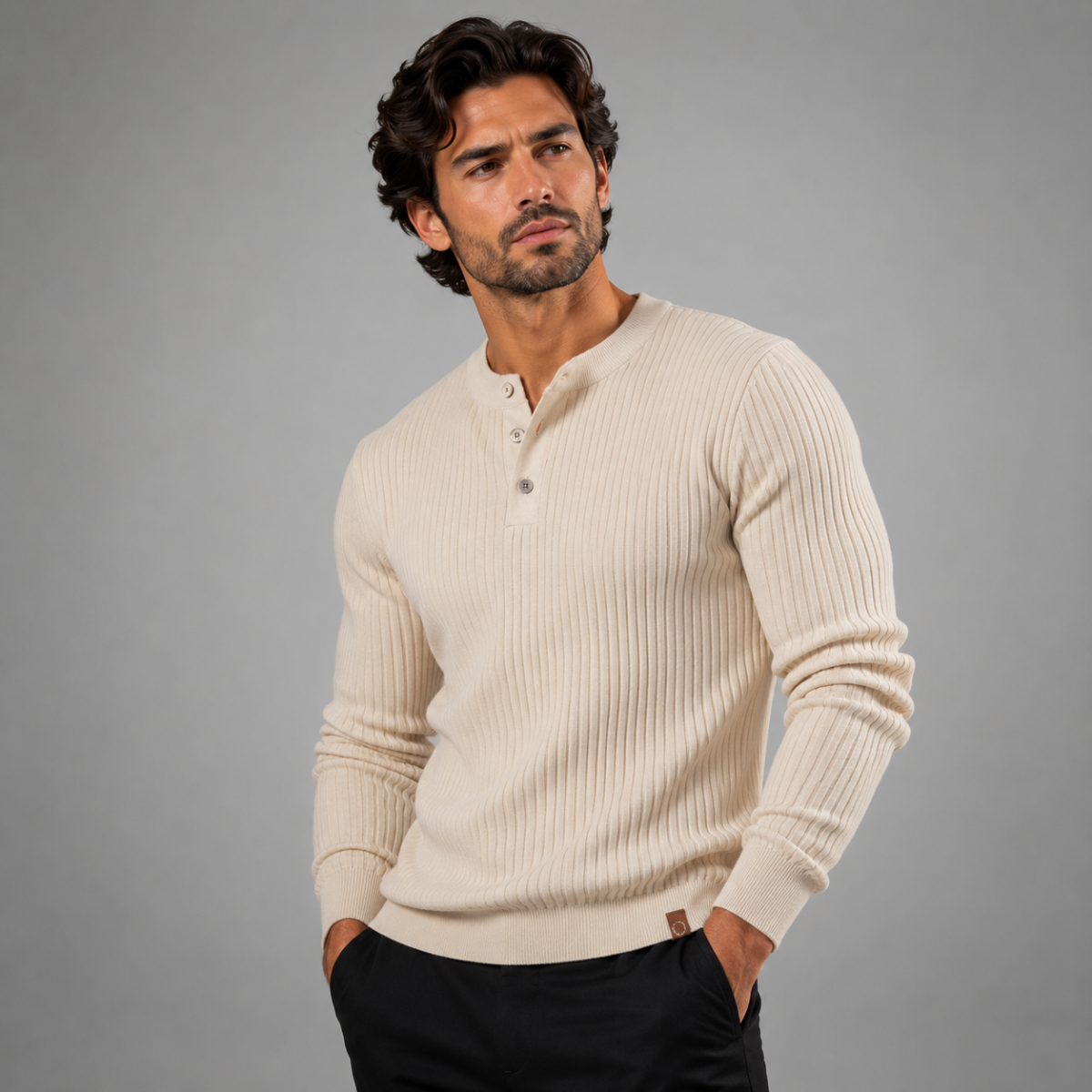 Men's Ribbed Henley Knit Jumper – Button Neck