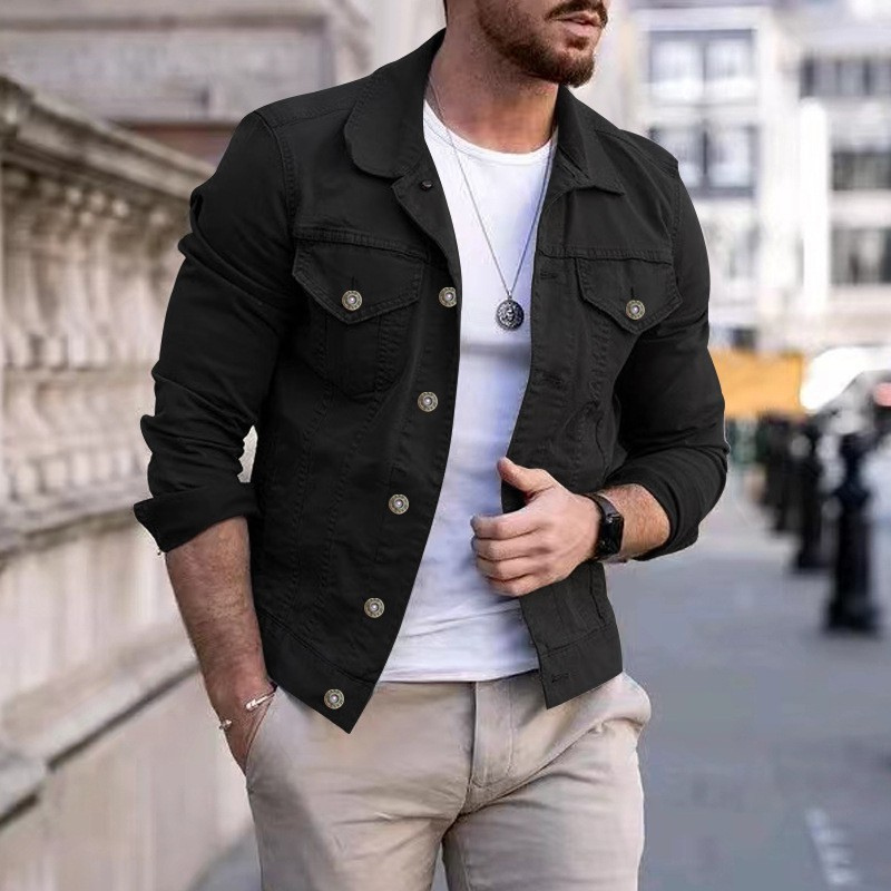 Men's Fitted Denim Trucker Jacket with Flap Pockets