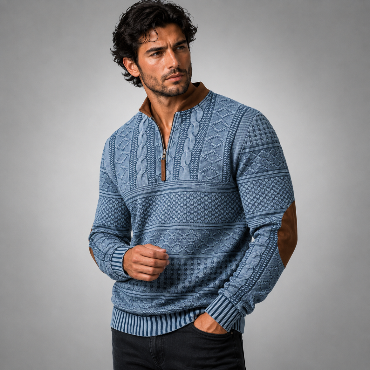 Men's Patterned Half-Zip Jumper with Elbow Patches