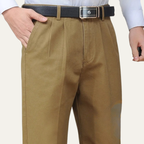 Men's Cotton Double-Pleated Trousers – High Waist, Straight Leg