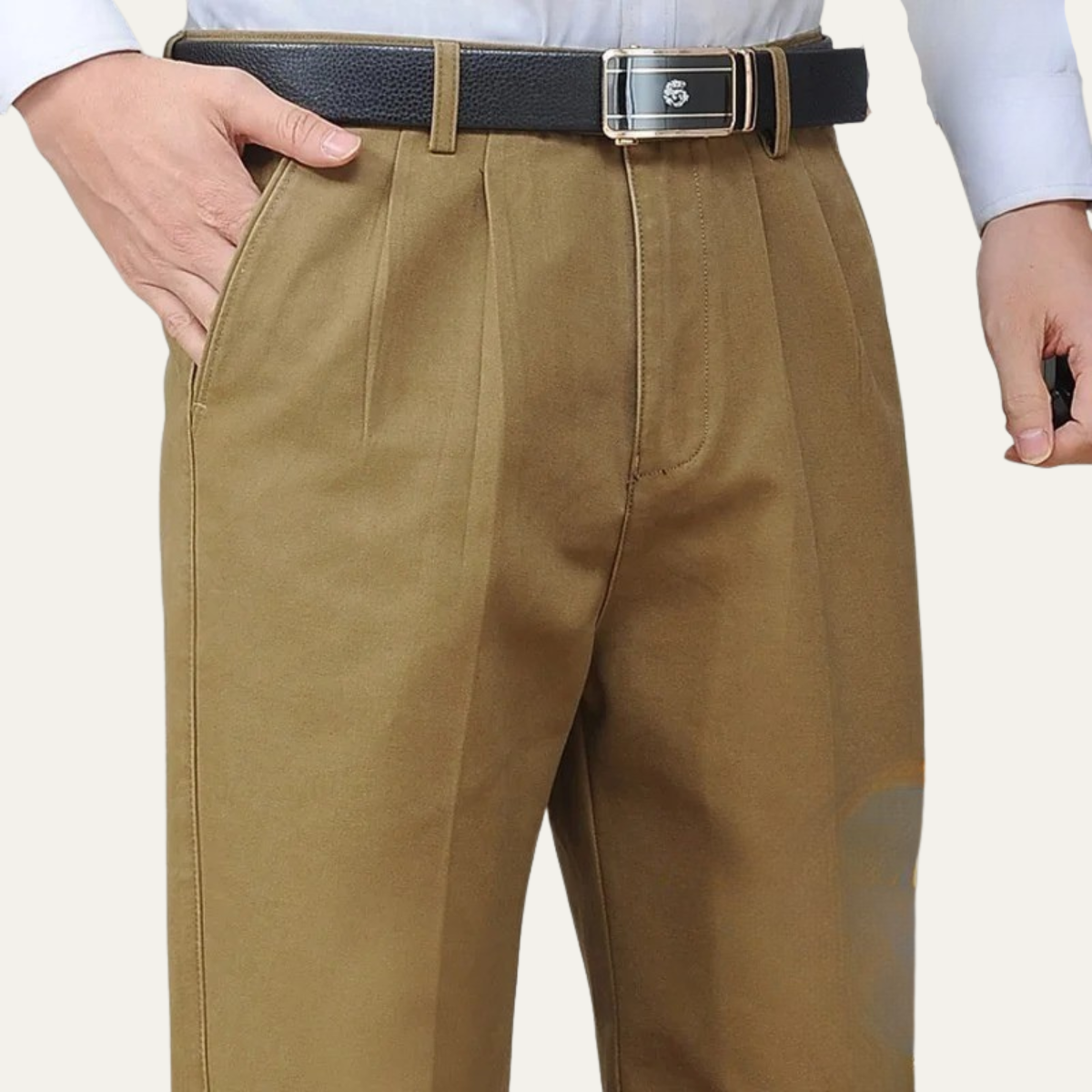 Men's Cotton Double-Pleated Trousers – High Waist, Straight Leg