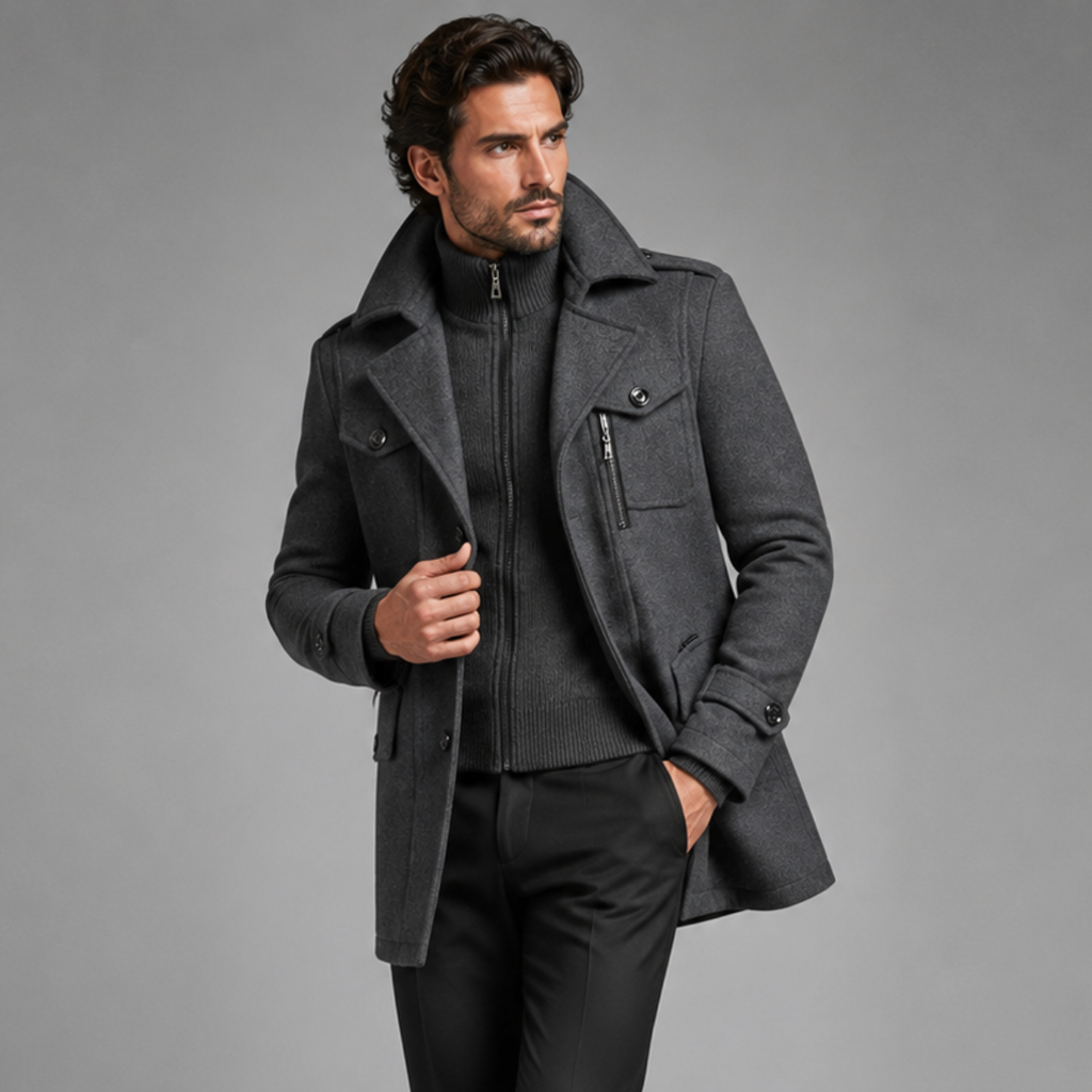 Men's Double-Collar Wool-Blend Business Coat