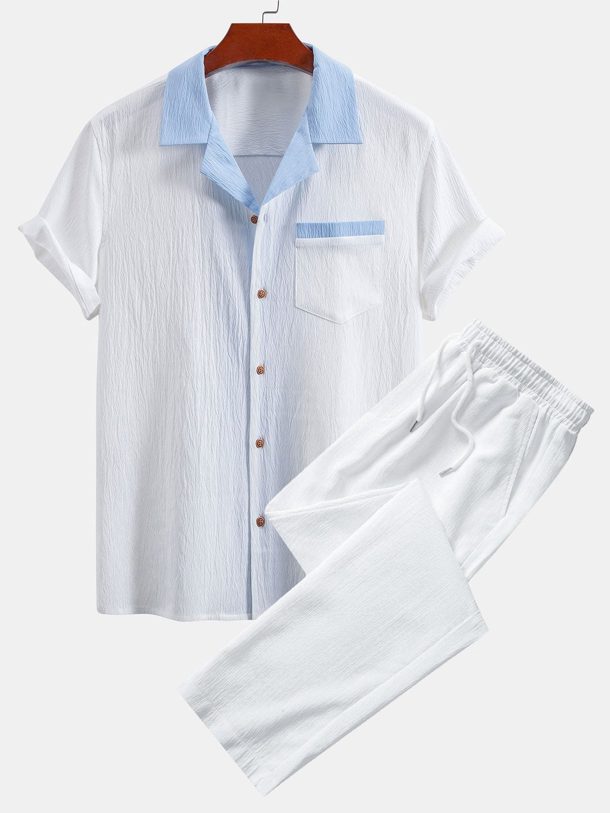 Men's Contrast Texture Shirt and Trouser Set – Cuban Collar