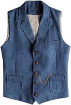 Men's Slim Fit wool-blend Tweed Waistcoat with Notched Lapels and Patch