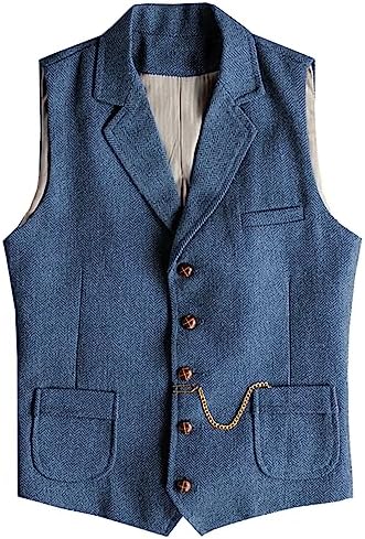 Men's Slim Fit wool-blend Tweed Waistcoat with Notched Lapels and Patch
