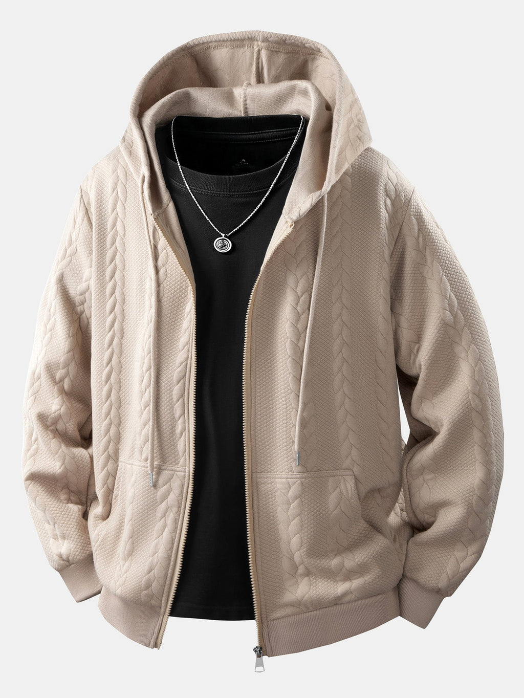 Men's Cable Jacquard Zip-Up Hoodie – Textured Long Sleeve Hooded Sweatshirt