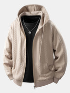 Men's Cable Jacquard Zip-Up Hoodie – Textured Long Sleeve Hooded Sweatshirt