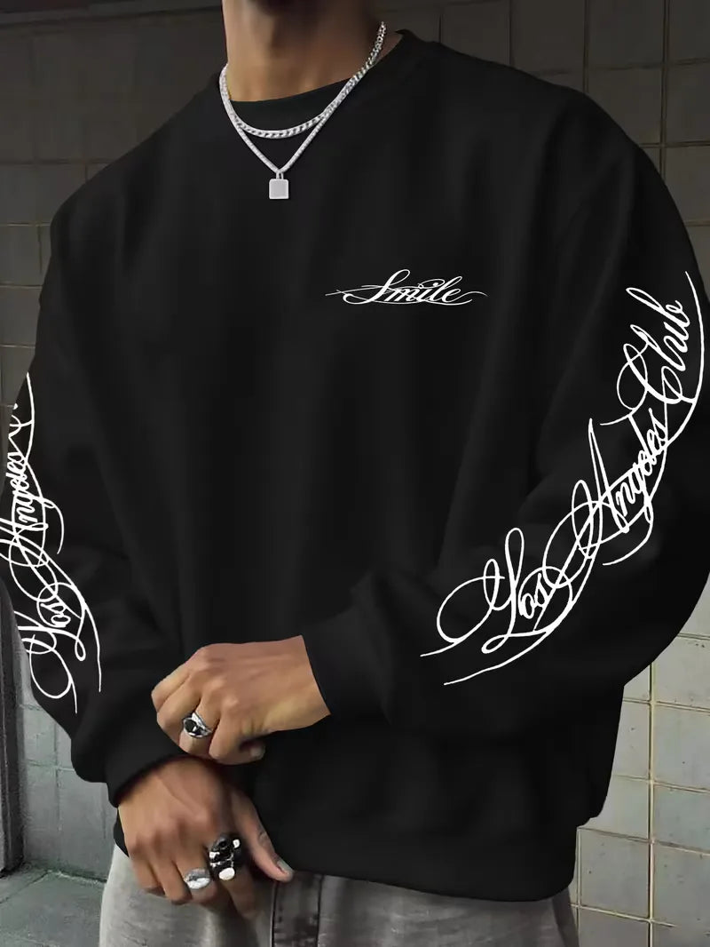 Men's Sweatshirt with White Script Lettering on Chest and Sleeves