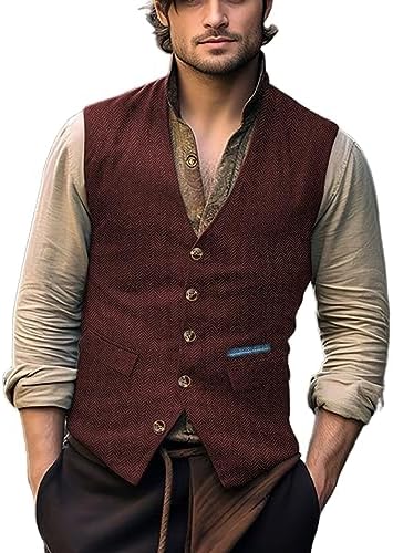 Men's Herringbone Tweed Waistcoat with Decorative Buttons