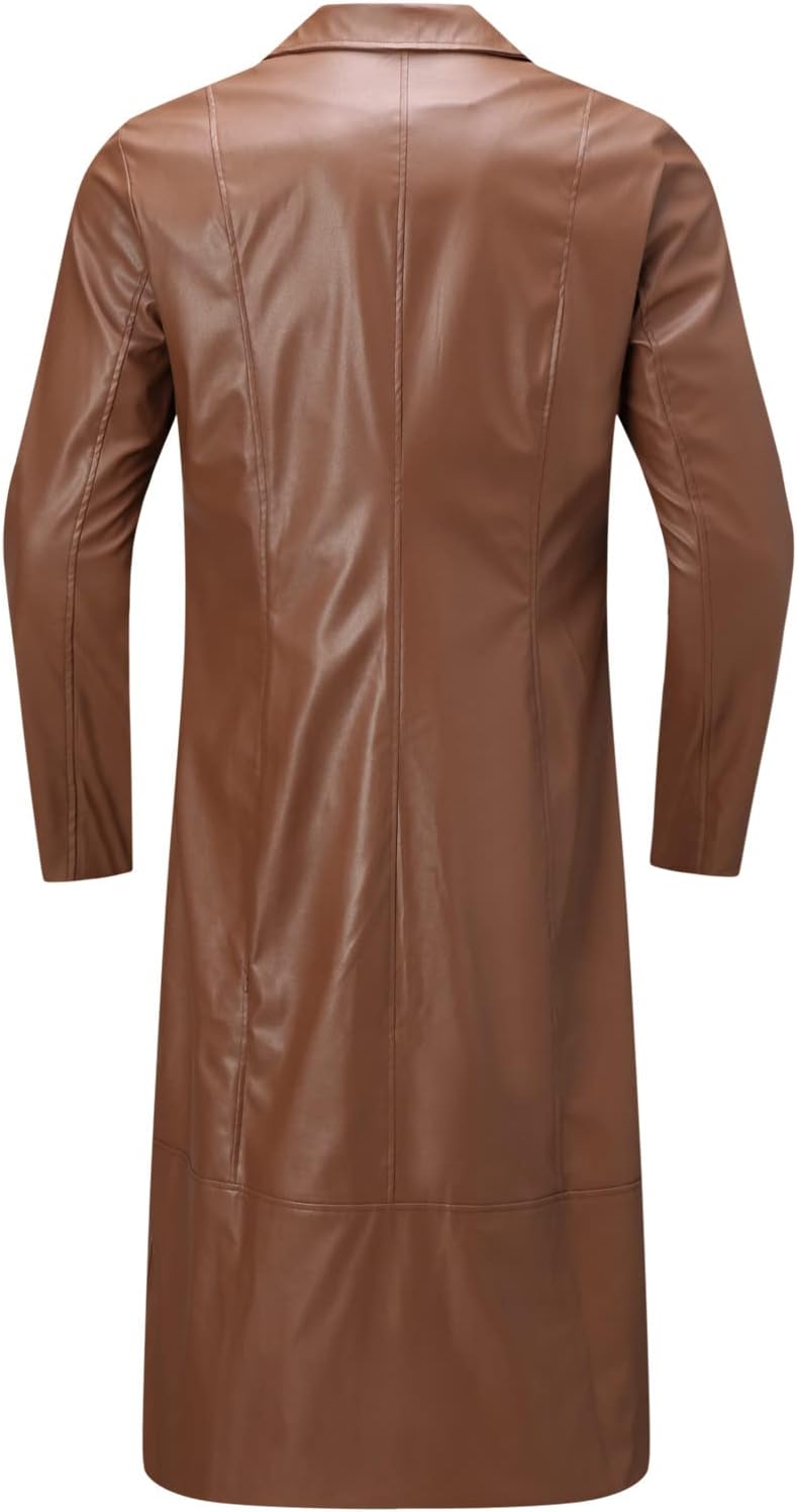 Men's Faux Leather Trench Coat with Notched Lapels