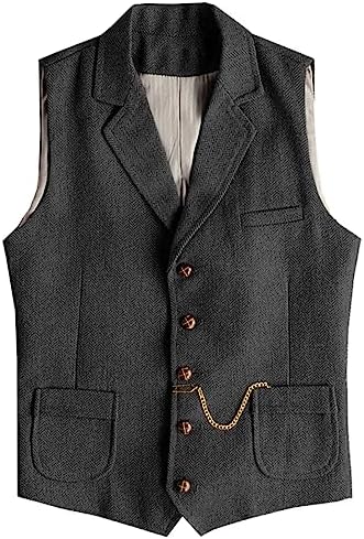 Men's Slim Fit wool-blend Tweed Waistcoat with Notched Lapels and Patch
