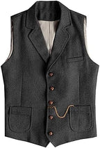 Men's Slim Fit wool-blend Tweed Waistcoat with Notched Lapels and Patch