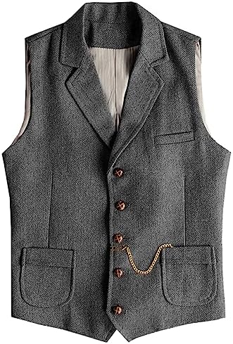 Men's Slim Fit wool-blend Tweed Waistcoat with Notched Lapels and Patch