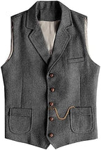 Men's Slim Fit wool-blend Tweed Waistcoat with Notched Lapels and Patch