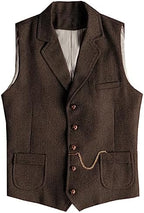 Men's Slim Fit wool-blend Tweed Waistcoat with Notched Lapels and Patch