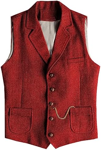 Men's Slim Fit wool-blend Tweed Waistcoat with Notched Lapels and Patch